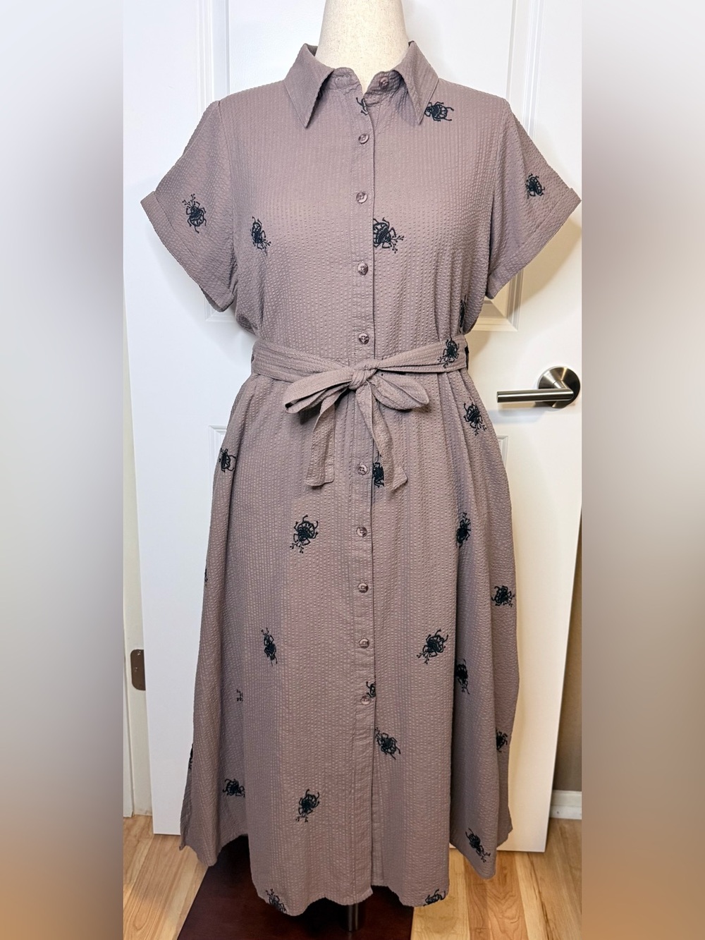 NWT Disturbia Stag Beetle Embroidered Taupe Button Midi Shirt Dress Goth US10 - Picture 3 of 10